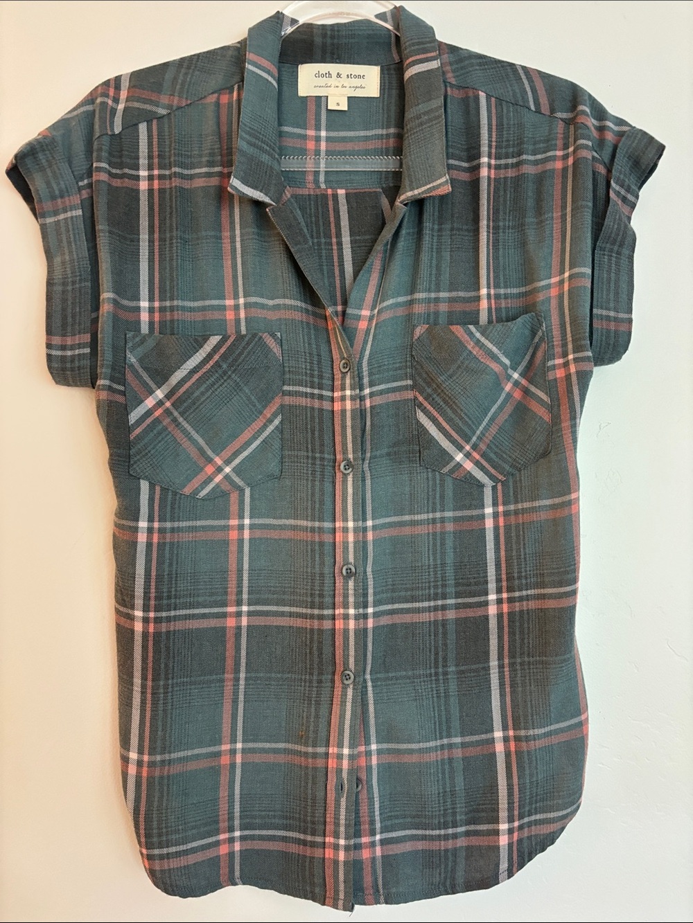 cloth & stone Teal and Pink Plaid Short-Sleeve Button-Down Shirt